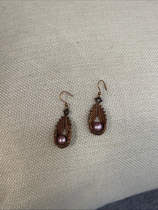 Jewelry - Handmade Bronze Bead Teardrop Earrings with Pink Pearl